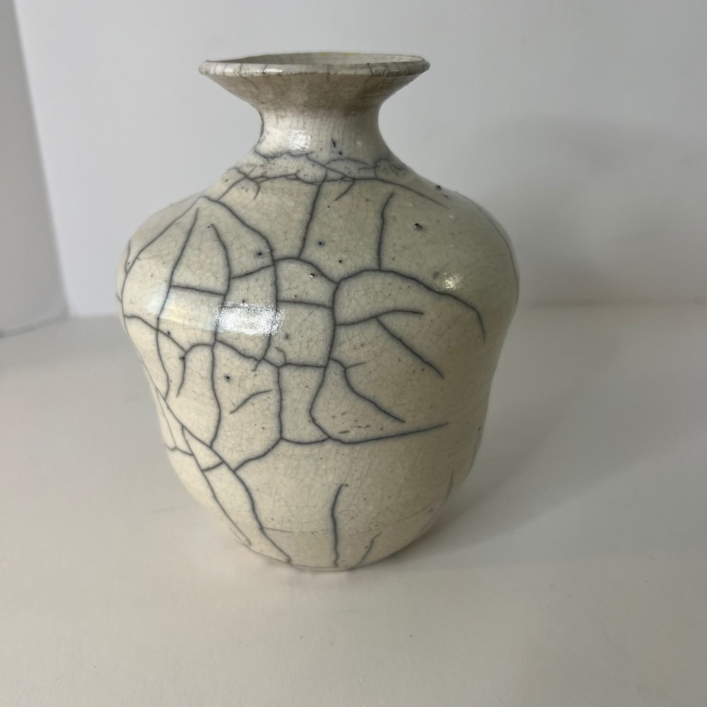 Studio Pottery Raku Fired Crackle Glaze Vase Off White Wabi Sabi Ceramic 5 x 6"